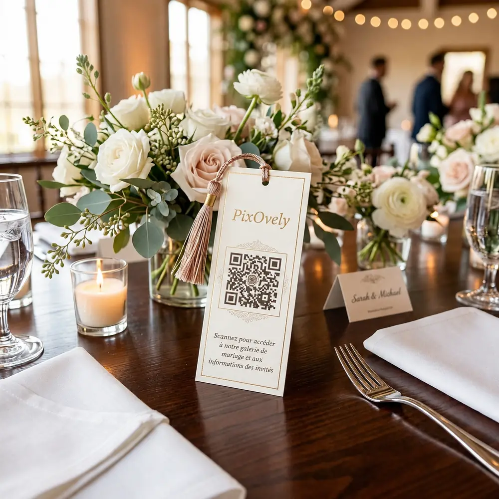 Carte QR code PixOvely posée sur une table d'événement